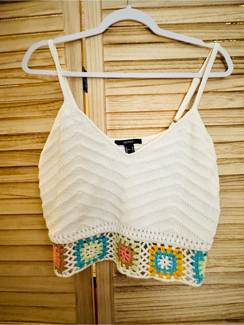 Forever 21 White Crochet-Trim V-Neck Knit Crop Top